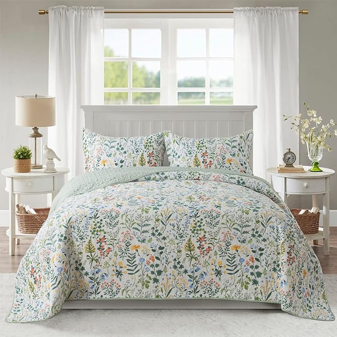 Cotton Bedspread Quilt Sets-Reversible Patchwork Coverlet Set, Green Classic Floral Pattern, Queen Size