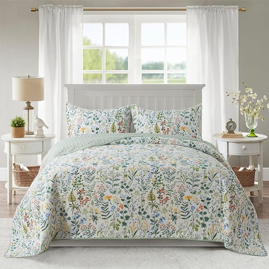 Cotton Bedspread Quilt Sets-Reversible Patchwork Coverlet Set, Green Classic Floral Pattern, Queen Size