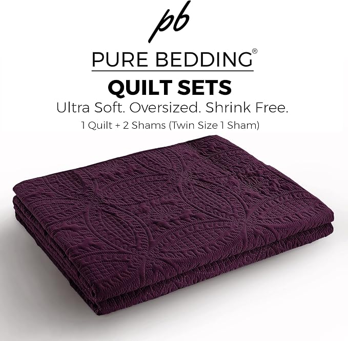 Quilt Set King/Cal King/California King Size Purple - Oversized Bedspread - Soft Microfiber Lightweight Coverlet for All Season - 3 Piece Includes 1 Quilt and 2 Shams, Geometric Pattern