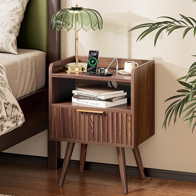 Huuger Nightstand with Charging Station, USB-C Port, End Table | Fluted Night Stand Bedside Table with Drawer, Solid Wood Feet, Open Storage, with Raised Edge, for Bedroom, Walnut