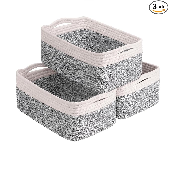 Goodpick 3-Pack Cotton Rope Baskets for Shelves, 13 x 8 x 5 in | Woven Baskets for Closet Fit Bedroom Lving Room, Baby Baskets for Gift Empty, Dog Toy Basket for Pets, White & Brown