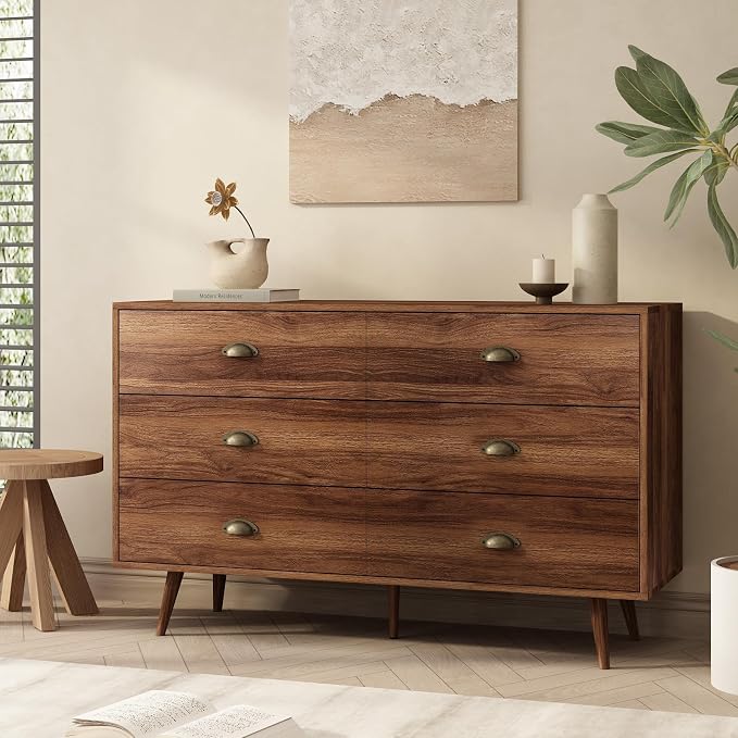 Walnut 6 Drawer Dresser for Bedroom, 47" Wood Dresser with Gold Handles. | Modern Dressers & Chests of Drawers for Living Room, Hallway, Entryway.