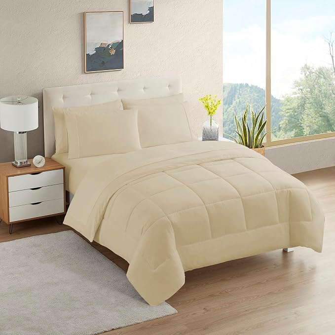 RV Short Queen Comforter Set for RV Camper - Comforter Set with Fitted & Flat Sheet, 4 Pillowcases - Tailored for RV Short Queen Beds - Cozy Essentials for Your RV Bedroom, Beige