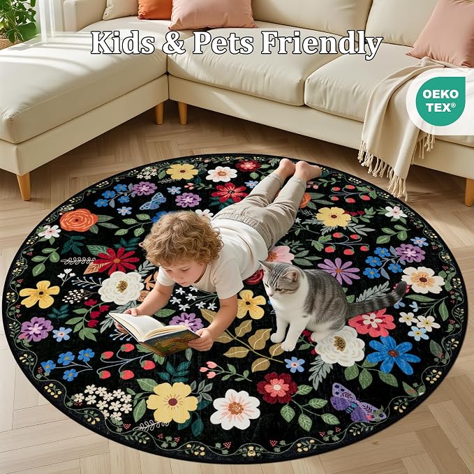 PLHXFR Round Area Rug Living Room: 4 ft Floral Washable Soft Carpet Black | For Bedroom Dining Room Farmhouse Nursery Hallway,Vintage Floral,Machine washable,Non Slip,Stain Resistant,Large Indoor