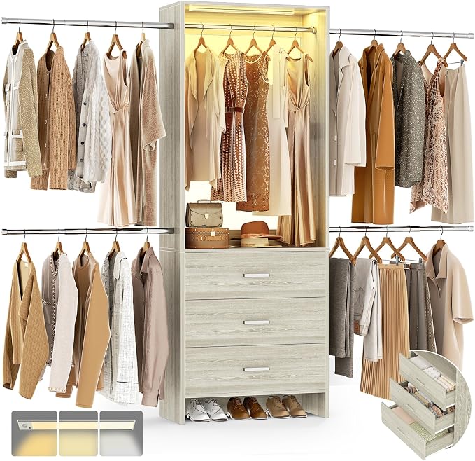 Aheaplus Closet System with Motion-Sensing Light, 3 Wooden Drawers and 4 Hanging Rods, Customizable Walk-in Closet Organizer with 3CCT LED, Heavy Duty Garment Rack for Bedroom, White Oak