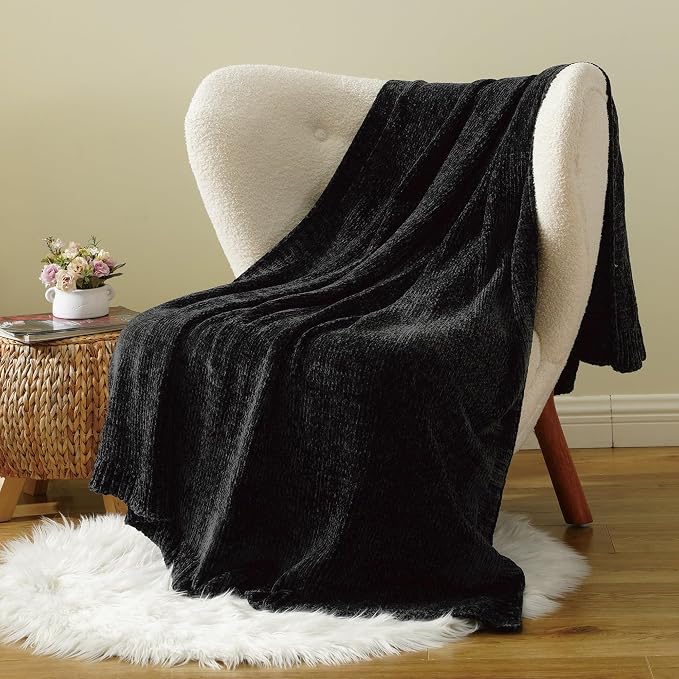 Black Throw Blanket for Couch, Soft Woven Chenille Throw Blanket 51"x67" | Shiny Chenille Blanket, Cozy Cable Knit Throw Blanket for Bed Sofa Home Decor