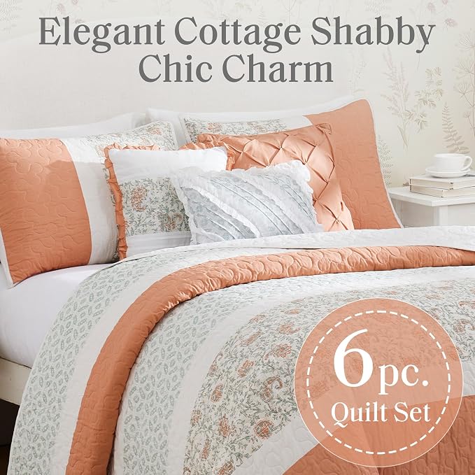 Madison Park 100% Cotton Quilt Set Floral Print, Double Sided Stitching, All Season, Lightweight Coverlet Shabby Chic Bedding Layer, Matching Shams, King/Cal King, Coral 6 Piece | Double-Sided Stitching Floral Design, All Season, with Shams, Bed Skirt,...