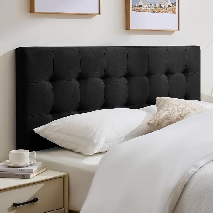 Linen Stitched Tufted King Headboard, Adjustable Height 37.2-42.3 in, Black | Wood Twin Headboard Only, Padded Support for Reading, Relaxing or Working in Bed, Stable Non-Slip Design, Fits Bed Frame