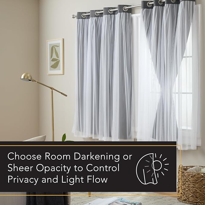 TOWN & COUNTRY LUXE Talia Double Layer Indoor Curtains, Sheer and Room Darkening Blackout, Grommet Top, Energy Efficient, 2-Pack Set, 52"x63", Black Pearl