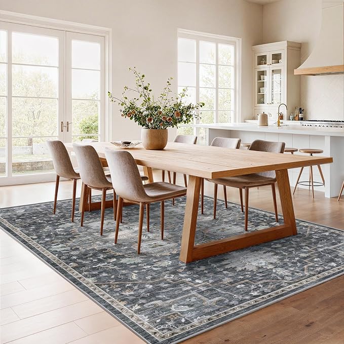 AMADA HOMEFURNISHING 6x9 Area Rugs, Blue Low-Profile Washable Rug with Non-Slip Backing & Durable Edge Binding, Vintage Rugs for Living Room, Bedroom, Dinning Room