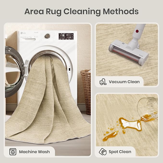 8x10 Area Rugs for Living Room, Large Washable Rug Non Slip, Tan | Soft Low Pile, Thin & Lighweight Carpet, Folable Stain Resistant Modern Indoor Floor Mat for Bedroom, Dining Room, Home Decor