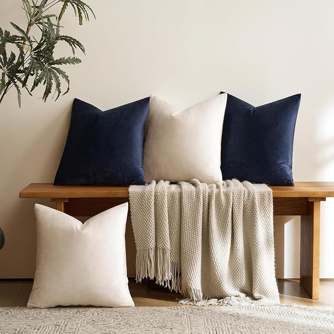 GIGIZAZA Pack of 4 Decorative Velvet Pillow Covers 18x18 Navy Beige | Throw Pillows for Couch Sofa,280gsm Soft Textured Fabric,Modern Accent Pillowcases,Luxury Living Room Cushion Covers