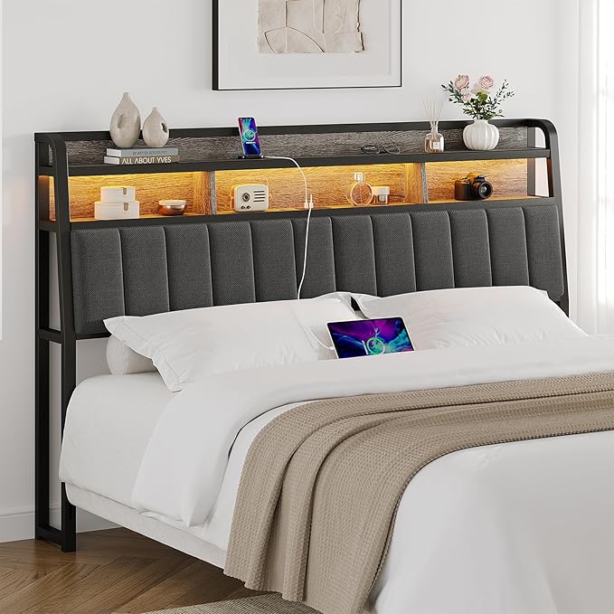 ComfyCorner King Size Headboard with Storage & LED Light, Black & Grey | Upholstered Ergonomic Head Board with Power Outlets & 2-Tier Storage, King Headboard Only, Bed Frame Mounting, Heavy Duty