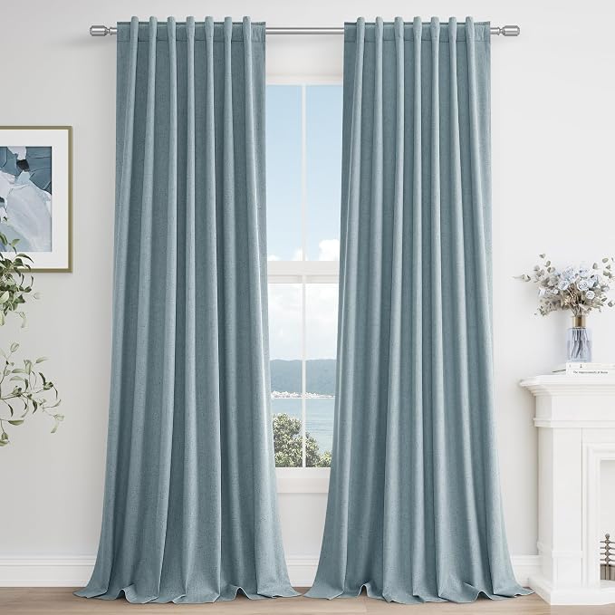 100% Blackout Linen Curtains 90 Inch Length 2 Panels Set for Living Room Bedroom Back Tab Thermal Insulated Black Out Drapes Room Darkening Farmhouse Style for Bedroom Window Curtains 52x90