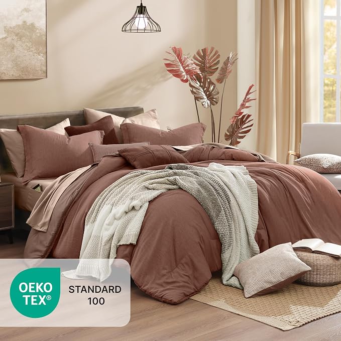 Monbix King Comforter Set 7 Pieces Terracotta Cationic Dyeing Bed in a Bag | Lightweight Reversible All Season Bedding Sets with Comforter, Sheets, Pillowcases & Shams