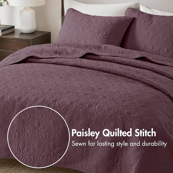 Madison Park Luxurious Cotton Damask Quilt Set, 3PC Full/Queen Bed Set | All Season, Lightweight Stitching Coverlet Bedspread Bedding Stitching with Shams, Purple