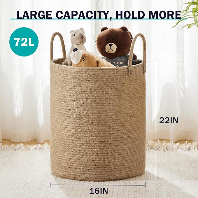 Woven Rope Laundry Hamper Basket by YOUDENOVA, 72L Tall Luandry Basket, Baby Nursery Hamper for Blanket Storage in Bedroom-Large-Jute | Large Laundry Hamper with Sturdy Handles, Collapsible Home Decor Laundry Basket for Laundry, Clothes, Toys in Bedroom