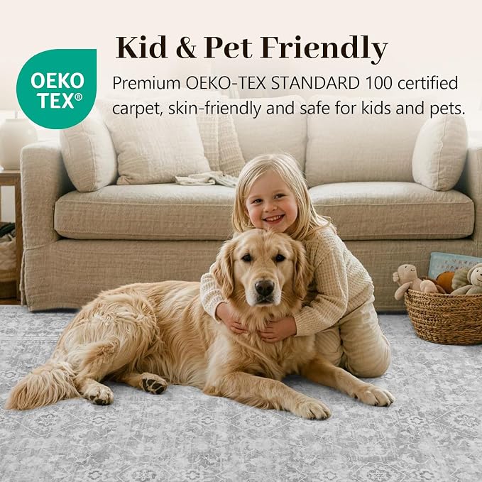 5x7 Ft Area Rugs for Living Room, Soft Non-Slip Machine Washable Rug, Vintage Stain Resistant Carpets for Bedroom Nursery Dining Room Home Decor (Grey)