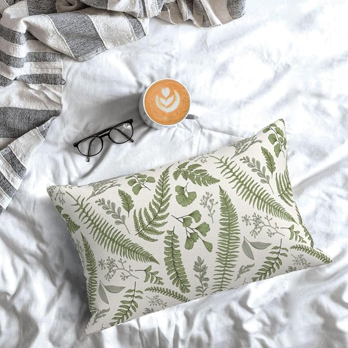 Sage Green Spring Pillow Covers 12x20 Inch 2 Pcs Vintage Leaf Plant Decor Throw Pillows Tropical Botanical Leaves Seasonal Outdoor Decoration Pillowcase Linen Cushion Cover for Couch Sofa