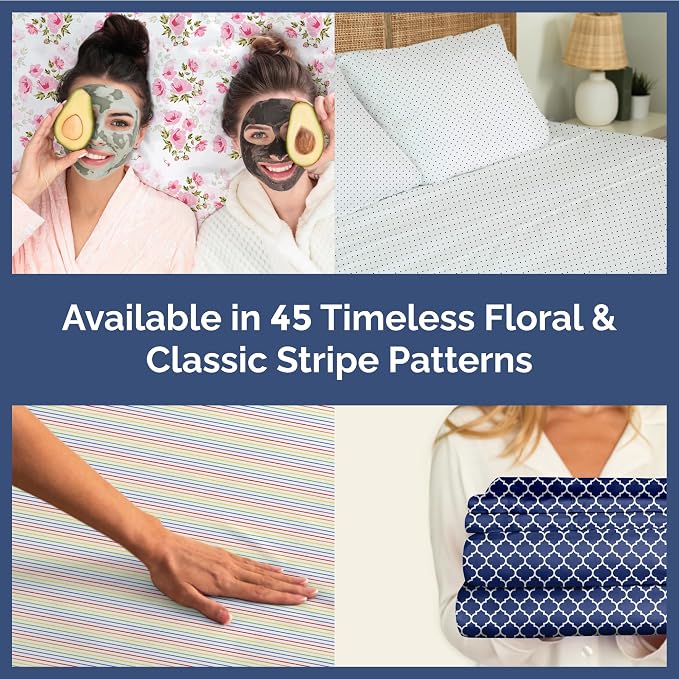 King 4 Piece Striped Sheet Set - Breathable & Cooling - Navy Quatrefoil | 1 Flat, 1 Fitted & 2 Pillowcases w/ Deep Pockets, Luxury Striped Bedding, Soft, Breathable & Cooling, Wrinkle & Fade Free