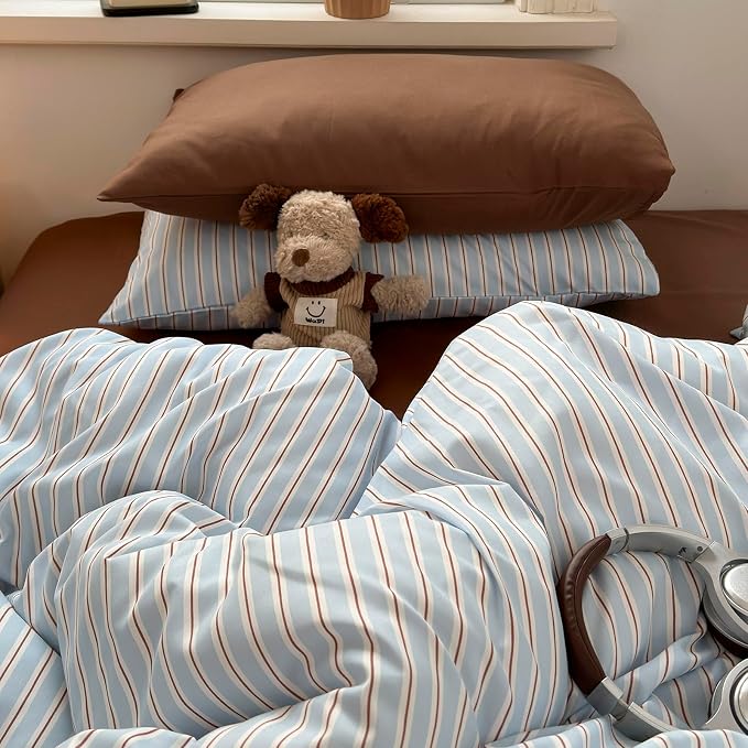 mixinni Vintage Striped Twin Duvet Cover Set, Washed Microfiber Coastal Bedding, Light Blue Brown Vertical Stripe Comforter Cover with Zipper & Corner Ties, (1 Duvet Cover + 2 Pillowcases)