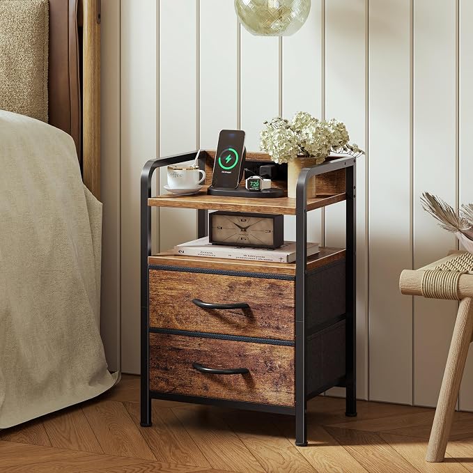 Huuger Nightstands Set of 2, Night Stand, Charging Station, USB-C Ports | 2 Drawers Bed Side Table, Open Shelf, 2-Way Power Panel Installation, End Table for Bedroom, Rustic Brown