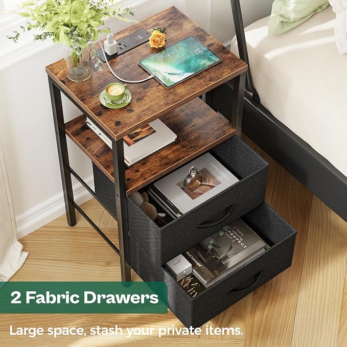 Huuger Nightstand with Charging Station, Side Table with Fabric Drawers, End Table with Open Shelf, Bedside Table with USB Ports and Outlets, Night Stand for Bedroom, Rustic Brown and Black | End Table with Open Shelf, Bedside Table with USB Ports and ...