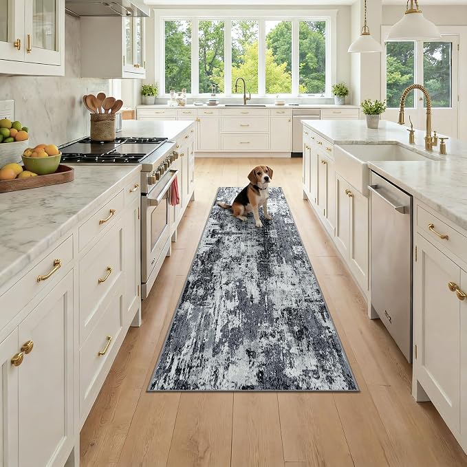 RELEANY Washable Runner 2'x7' Abstract Area Rug for Hallway Black White | Carpet for Kitchen, Entryway, Bathroom, Living Room, Bedroom, Printed Pattern, Non‑Slip, Soft, Stain‑Resistant, Easy to Clean