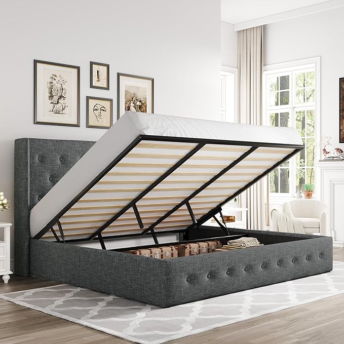 Allewie King Size Lift Up Storage Button-Tufted Bed Frame Dark Grey | Modern Wingback Headboard, Hydraulic Support Storage, No Box Spring Needed