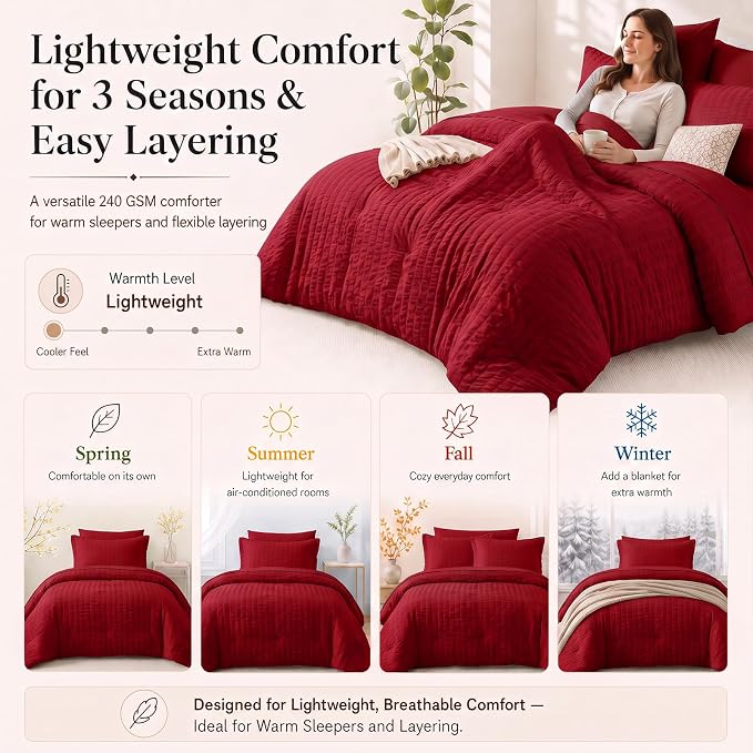 Queen Comforter Set, 7 Pieces Dark Red Seersucker Bed in a Bag | OEKO-TEX Certified, All Season Bedding Set with 240 GSM Down Alternative Comforter, Flat & Fitted Sheets, Pillowcases & Shams