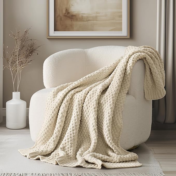 EVERGRACEHOME Chunky Chenille Knit Throw Blanket, 60 x 80, Beige | Sculpted Moss Stitch, Chic Modern Farmhouse, All-Season Warmth, OEKO-TEX® Certified, Elegant Blanket for Couch, Bed, Sofa