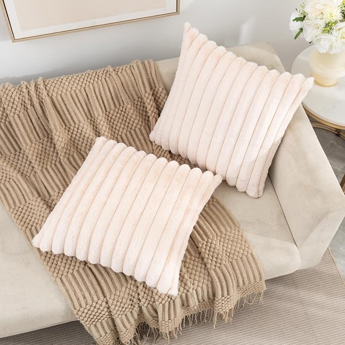 ZLINA Set of 2 Beige Faux Fur Decorative Throw Pillow Covers Fluffy Striped Pillowcase Cushion Covers 16 x 16 Inch Decor Sofa Couch Bedroom