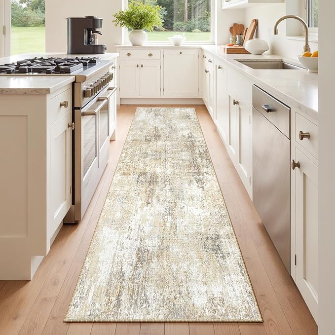 RELEANY Washable Runner 2'x6' Abstract Area Rug for Hallway Neutral Brown | Carpet for Kitchen, Entryway, Bathroom, Living Room, Bedroom, Printed Pattern, Non‑Slip, Soft, Stain‑Resistant, Easy to Clean