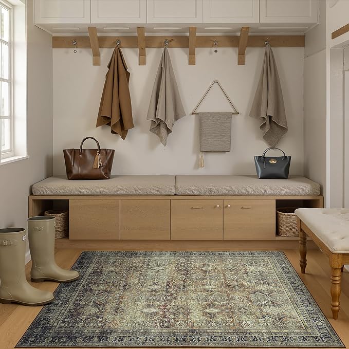 4x6 Area Rugs for Entryway, Brown Washable Non-Slip Area Rug for Kitchen | Low Pile Soft Small Rugs, Vintage-Style Carpet for Bathroom Bedroom Tool Room, Stain Resistant, Foldable Distressed Rug