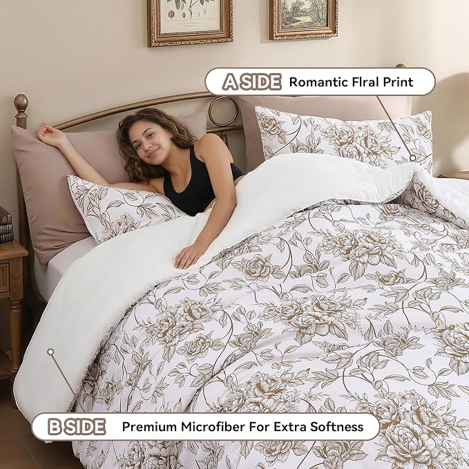 JANZAA Queen Size Comforter Set - Yellow Khaki Floral Shabby Chic Bedding | 3 Piece Cute Floral Bedding for All Season, 1 Soft Fluffy Breathable Microfiber Comforter Set with 2 Pillowcases