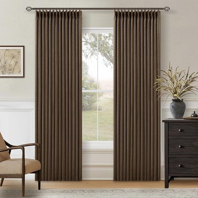 Dutch Cocoa Blackout Pinch Pleat Linen Curtains 84 Inches Long 2 Panels | Dual Layer Room Darkening Drapes, Pleated with Hooks Rings, for Living Dining Room Bedroom, Thermal Insulated Soundproof