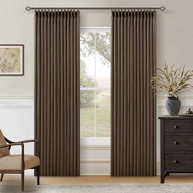 80 Inch Dark Brown Thick Linen Blackout Pinch Pleat Curtains for Bedroom | 100% Black Out Light Blocking, Thick Linen Textured Pleated Drapes, Back Tab with Hooks Rings, Living Room Window Curtains