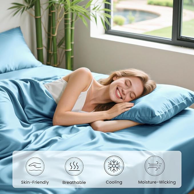 Love's cabin 4 Piece Full Size Sheet Set, 100% Rayon Derived from Bamboo, Cooling & Breathable, Soft Silky Deep Pocket up to 16", Hotel Luxury Bedding for Hot Sleepers, Light Blue