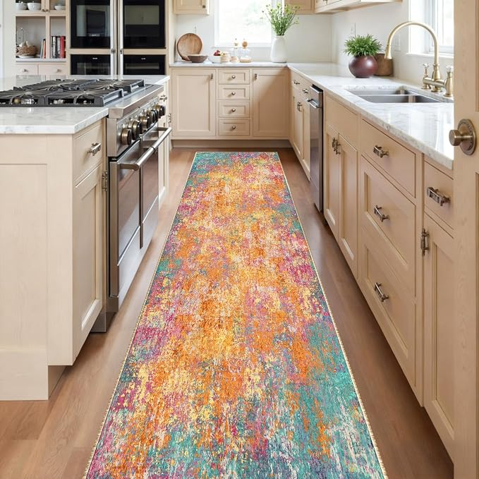 RELEANY Washable Runner 2'x8' Abstract Area Rug for Hallway Starlight | Carpet for Kitchen, Entryway, Bathroom, Living Room, Bedroom, Printed Pattern, Non‑Slip, Soft, Stain‑Resistant, Easy to Clean