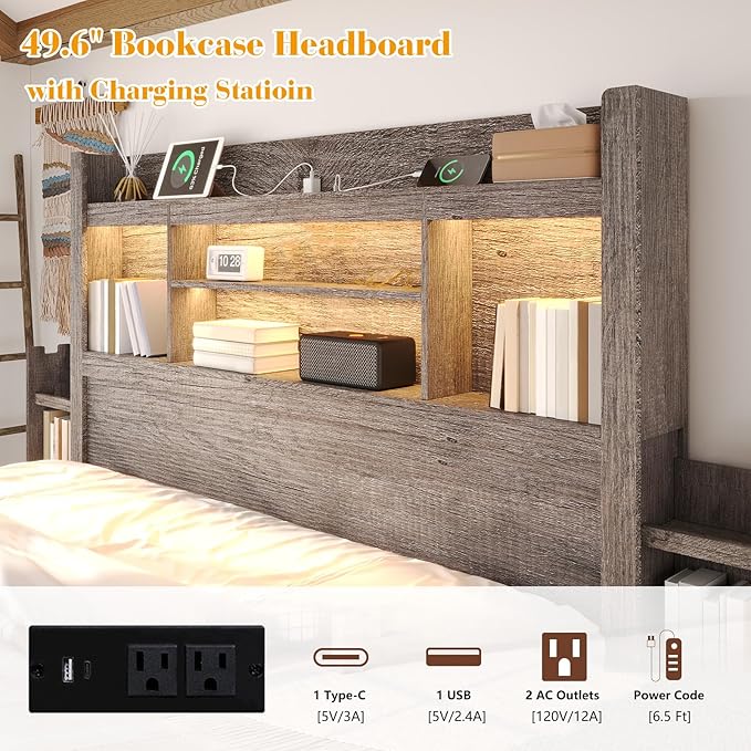 LUXOAK Full Bed Frame with Storage, Bookcase Headboard,Grey | 49.6" Headboard, Wood Platform Bed, Charging Station, Bedside Storage, 4 Storage Drawers, No Box Spring Needed, Farmhouse
