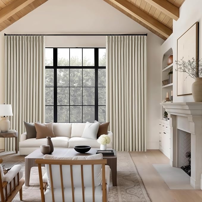 Burlywood Birch 100% Blackout Pinch Pleated Linen Curtains 126 Inches Long | Pinch Pleated with Hooks Rings, Blackout Liner, Thermal Insulated Light Blocking, for Living Room Bedroom, 2 Panels W40xL126
