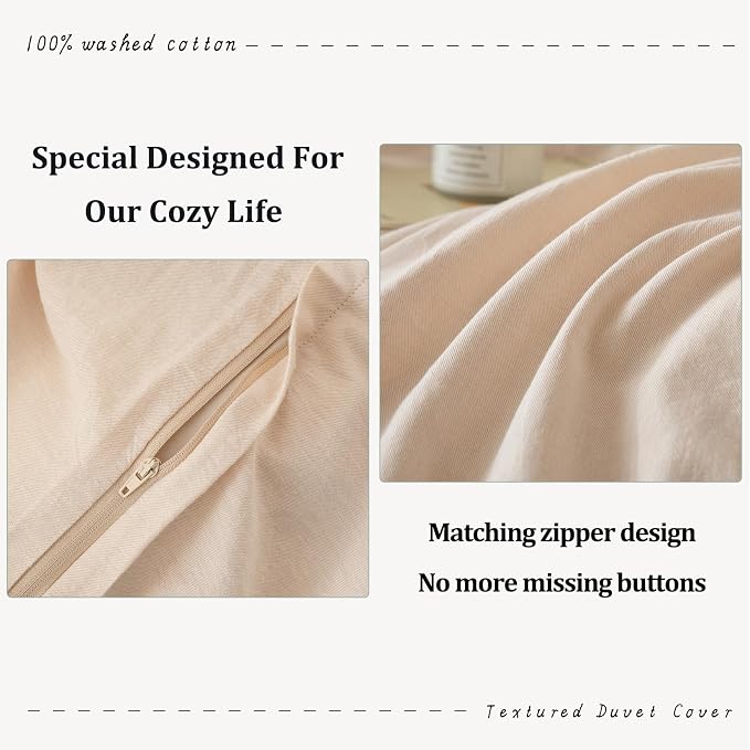 BDEAR 3Pcs Beige Duvet Cover Set King Size 104" W x 90" L, Skin Friendly | 100% Washed Cotton, 1 Duvet Cover with 2 Pillowcases, Zipper Closure, OEKO TEX Standard,8 Corner Ties,Linen-Liked Texture