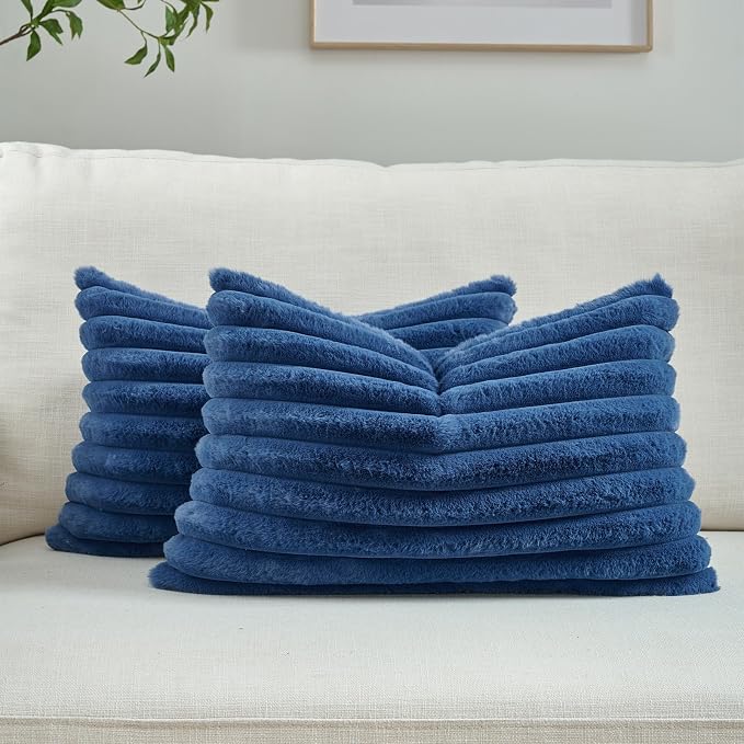 FUTEI Pack of 2 Faux Fur Throw Pillow Covers 12x20 Inch, Navy Blue | Fluffy Faux Rabbit Fur Front/Premium Velvet Back,Hidden Zipper,Machine Washable,Non-Shedding,Colorfast,Insert Not Included.