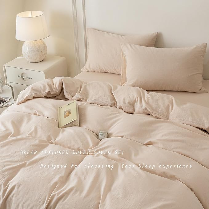 BDEAR 3Pcs Beige Duvet Cover Set Queen Size 90" L x 90" W, Skin Friendly | 100% Washed Cotton, 1 Duvet Cover with 2 Pillowcases, Zipper Closure, OEKO TEX Standard,8 Corner Ties,Linen-Liked Texture