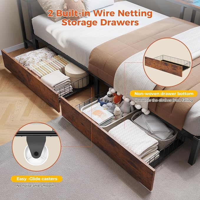 DICTAC Twin Corner Bed Frame with Bookcase Storage Headboard and Led Lights Twin Size Metal Platform Bed Frames with 2 Drawers and Charging Station,Twin Size Daybed with Storage for Kids Teen,Rustic