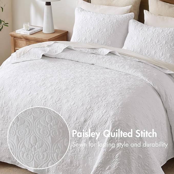 Madison Park Twin Quilt Bedding Set, Cottage-Inspired Damask, 2PC | All Season Quilted Coverlet, Classic Stitch Pattern Bedspread & Shams, Ultra Soft Microfiber Bedspread Set, White