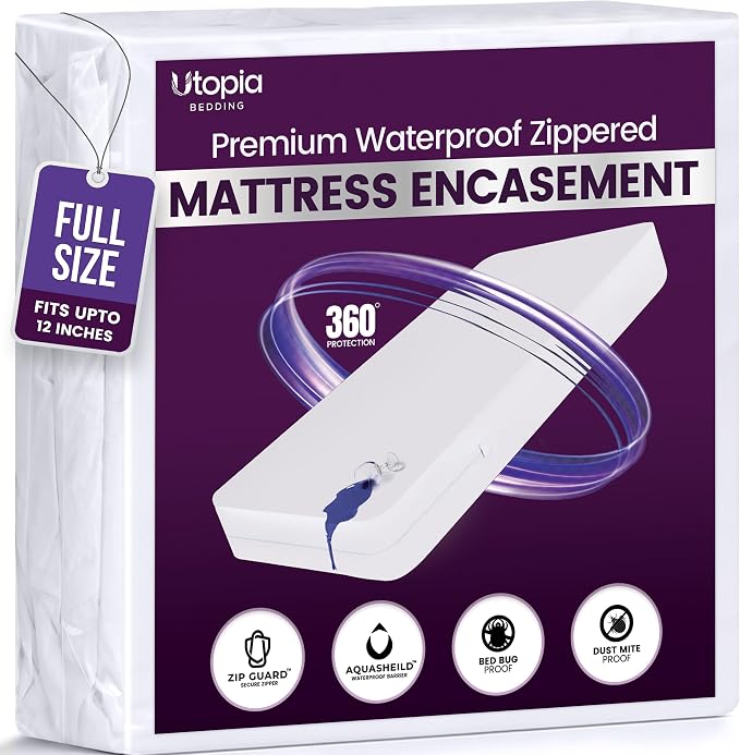 Premium Waterproof Zippered Mattress Protector Full Size, 12" Depth | Utopia Bedding Bed Bug Mattress Cover, 6-Sided Mattress Encasement, Dust Mite Proof, Washable, Fits upto 12" Deep Mattresses