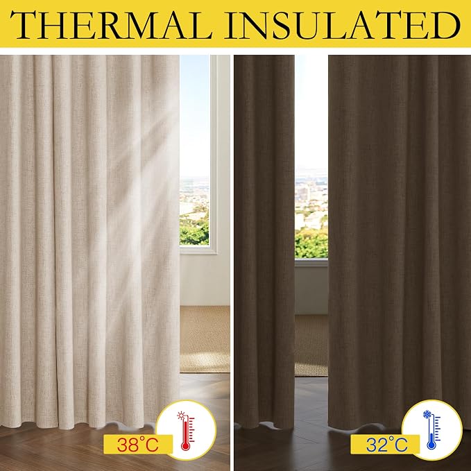 NICETOWN 102 inch Blackout Linen Curtains for Bedroom 2 PCs, Beige | Thermal Insulated, Farmhouse Style, Room Cooling Window Draperies for Dining Room, Bedroom for Daytime Sleep, W52" x L102"