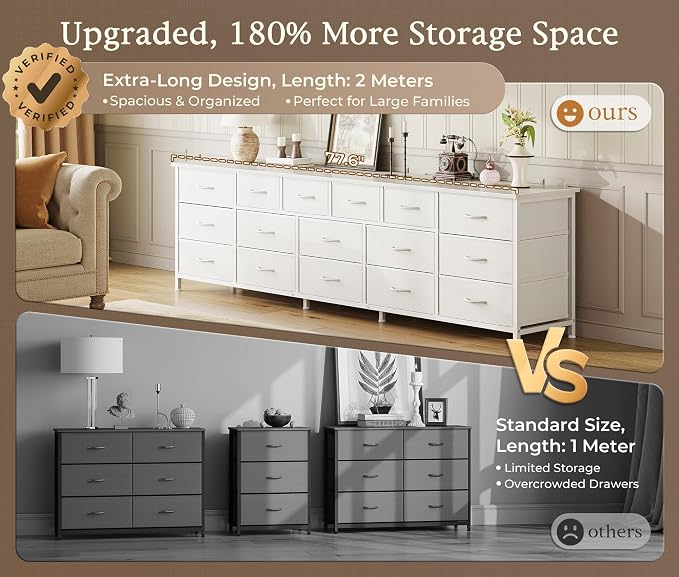 Huuger 77.6" Long Dresser for Bedroom, 16 Drawer Fabric Dresser for Closet, Wide Chest of Drawers with Storage, TV Stand for 65, 75, 85 Inch TV, 77.6" W x 13" D x 26.4" H, White
