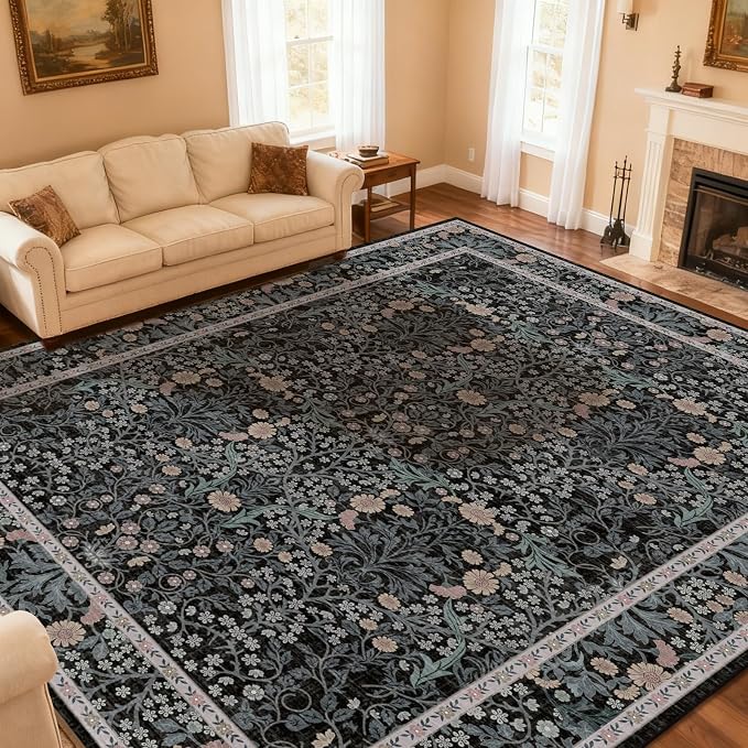 Area Rug for Living Room, 10x12 Large Washable Rugs for Dining Room, Bedroom, Non Slip Stain Resistant Carpet, Low Pile Vintage Floral Rug (Black)